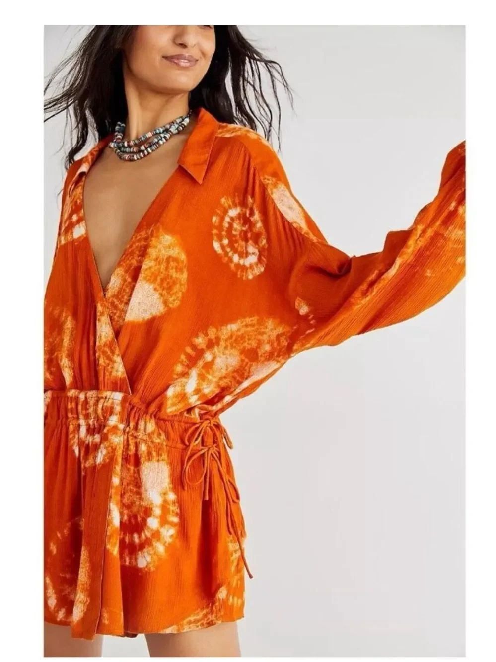 Free People Marla Printed Shortall Romper Dress Tie & Dye Printed Wrap XS ~ NWOT